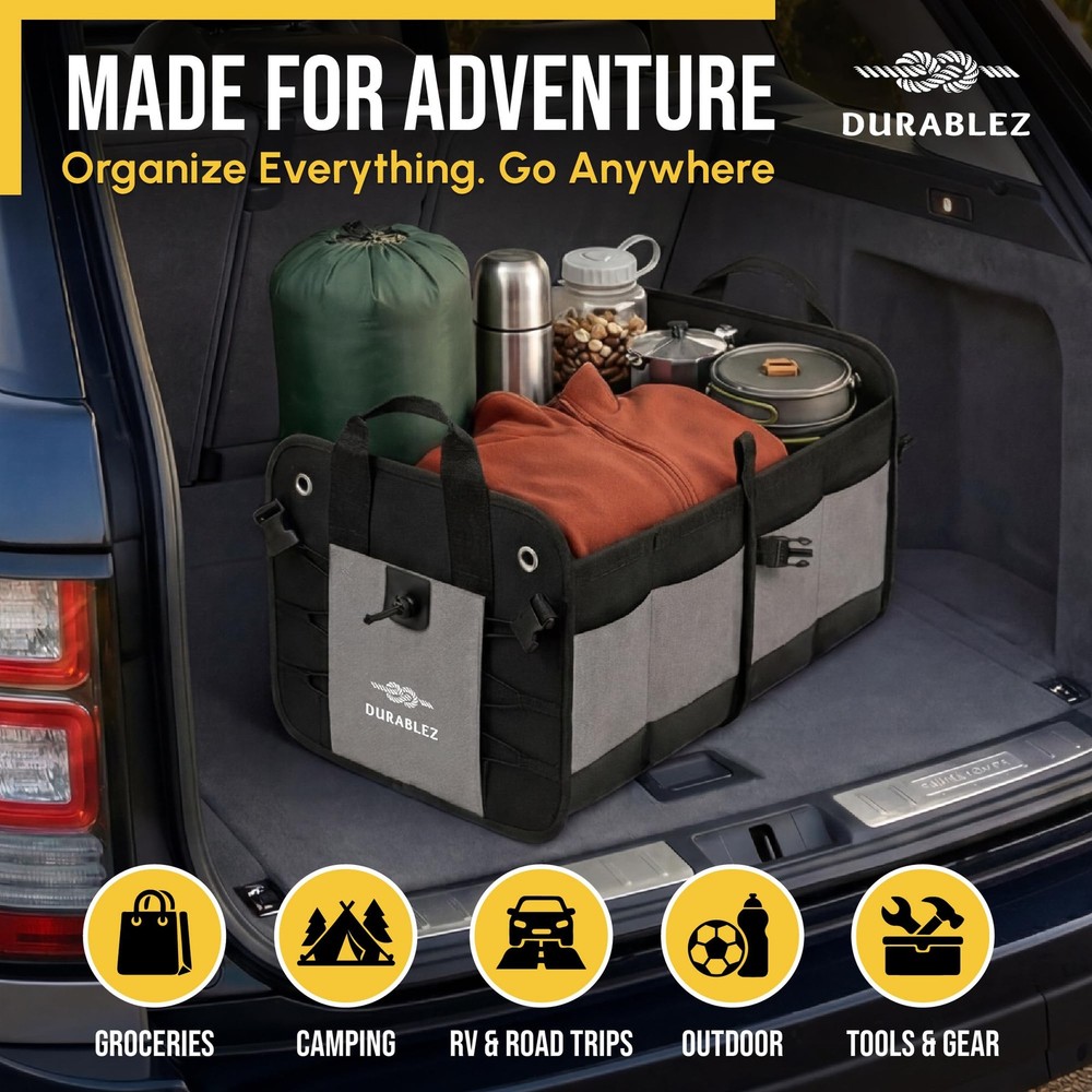 Compact Car Trunk Organizer 2-Section – Grocery, Tools, gray 2-section large