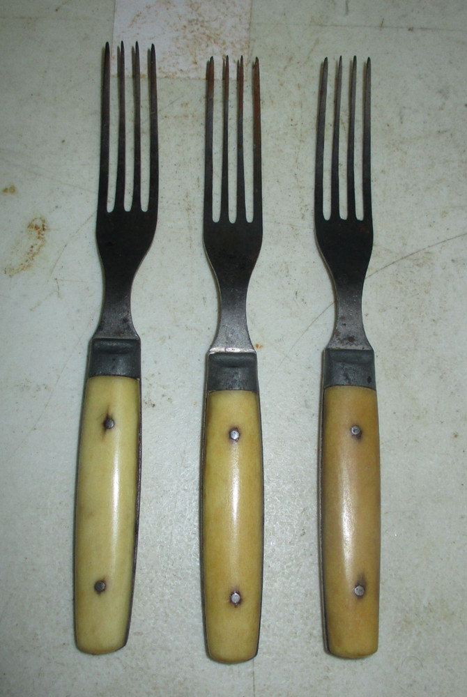 3 SETS ANTIQUE KNIFE & FORK BONE HANDLED FLATWARE