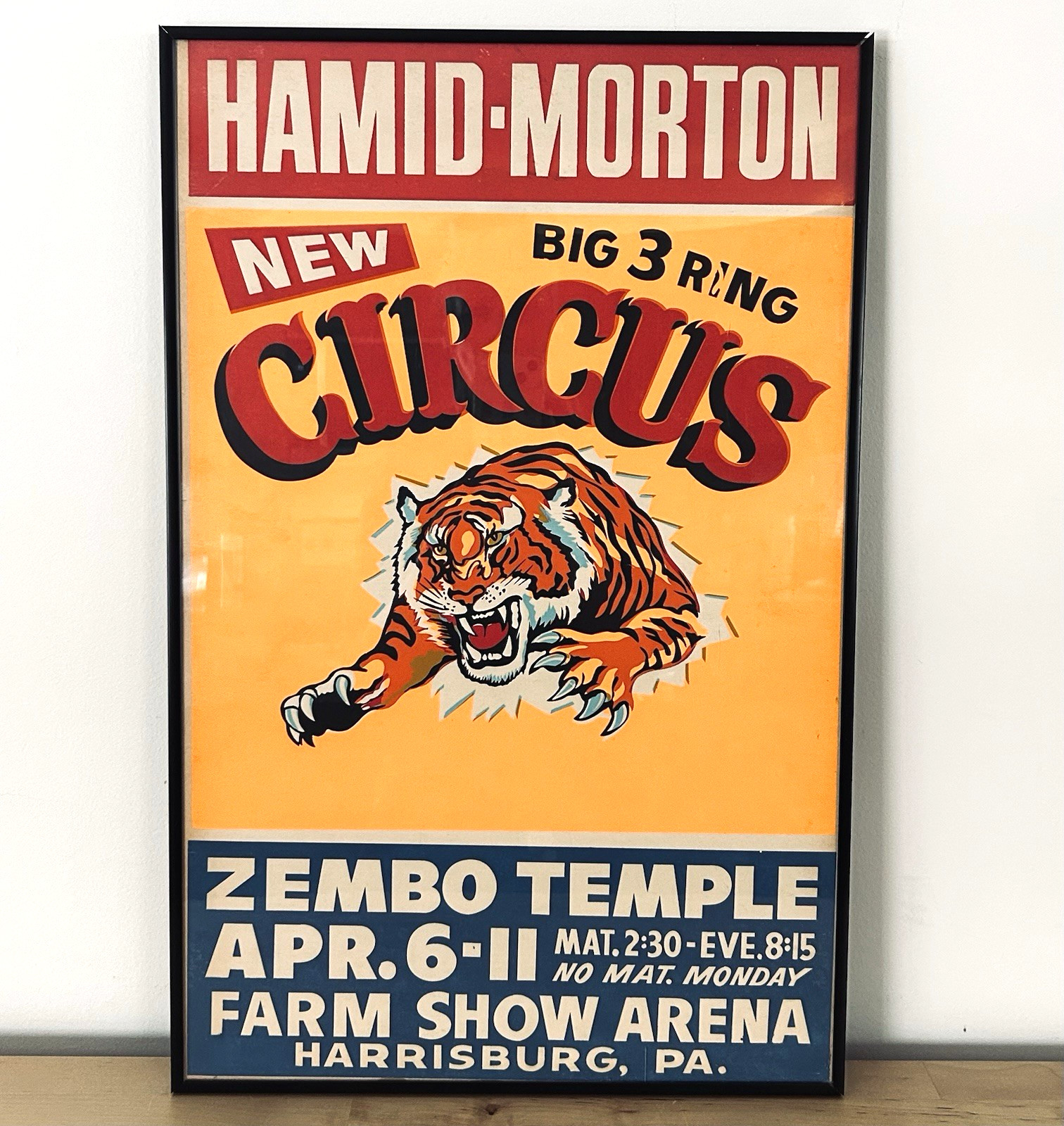 Vtg Hamid Morton Circus Poster Harrisburg PA Zembo Temple 1950s Americana Tiger