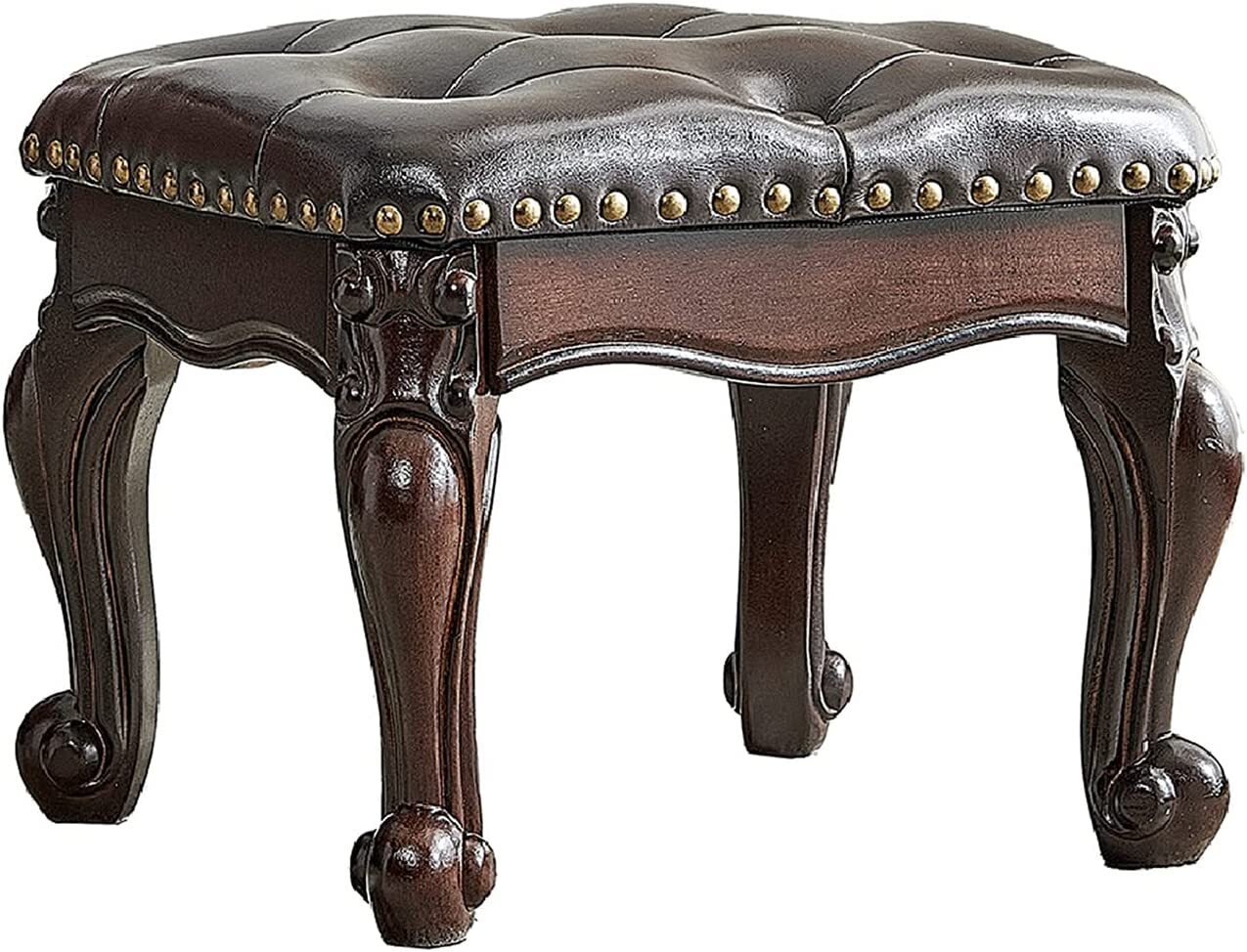 Vintage Style Foot Sofa Stool Leather Ottoman with Hand Carved Legs Gift for Her