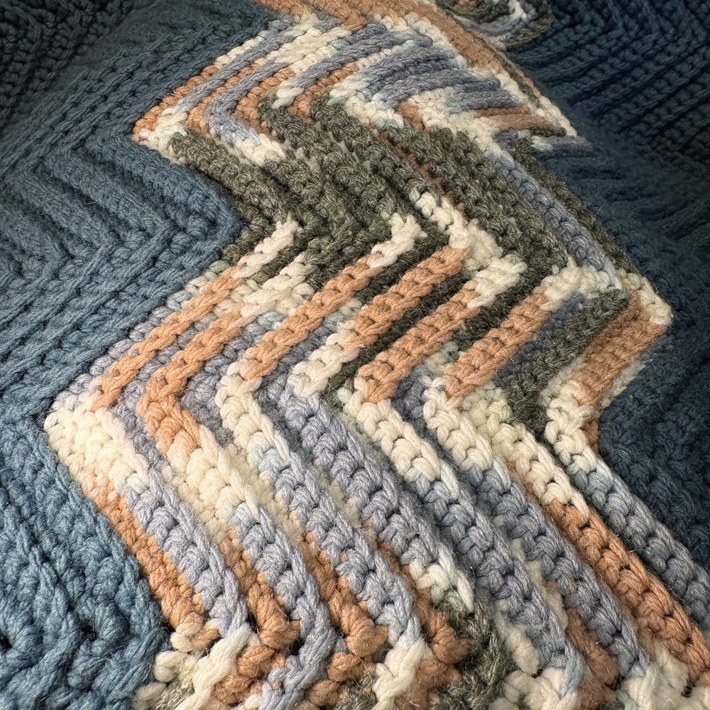 Vintage Crocheted Chevron Pattern Throw Blanket 83”x33” Handmade Afghan