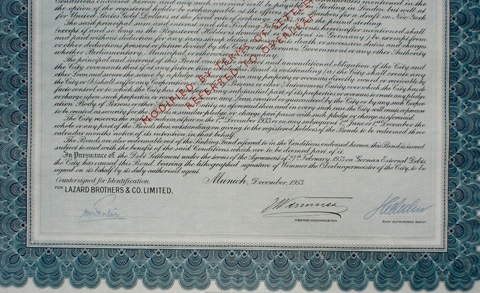 6% City of Munich 100 £ Bond to Bearer 1953 uncancelled print by Waterlow & Sons