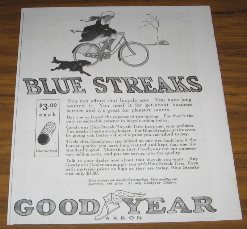 1917 AD~GOODYEAR BLUE STREAK BICYCLE TIRES~GIRL BIKE