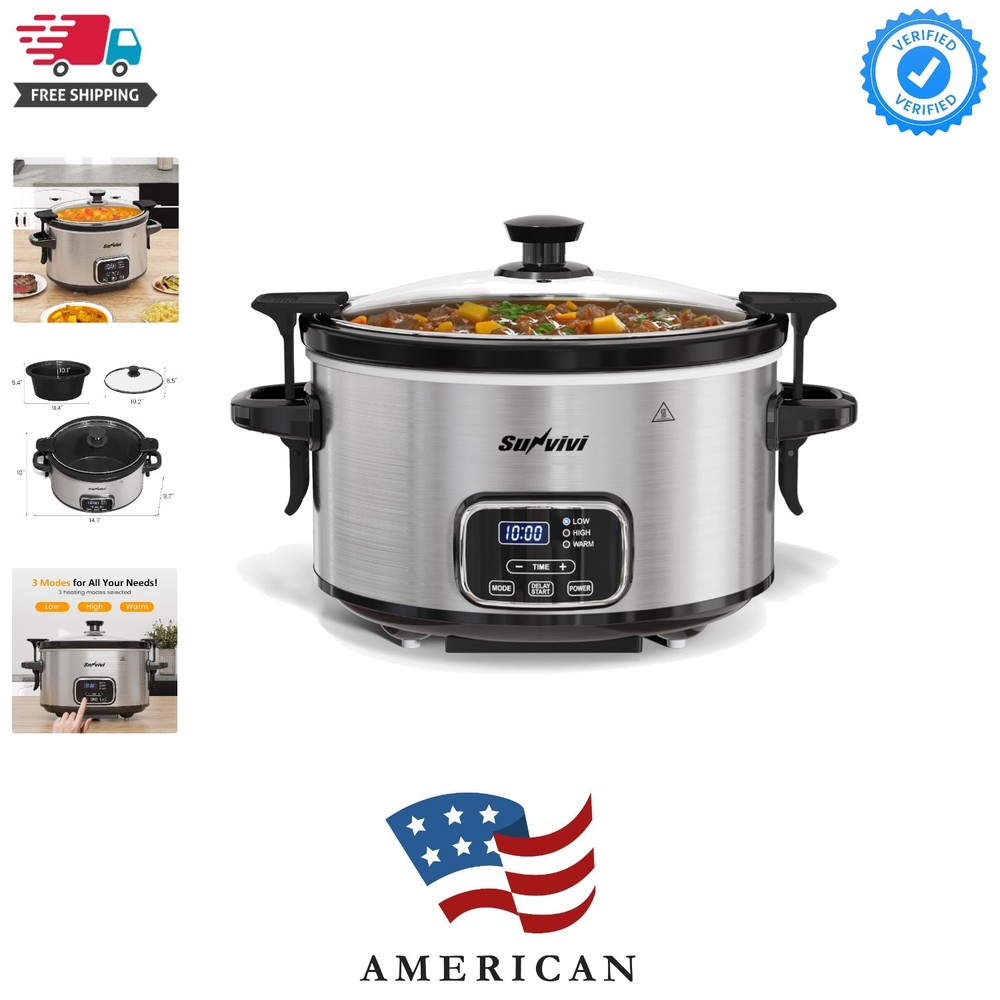 4QT Programmable Slow Cooker with Locking Lid, Removable Ceramic Pot, 3 Heati...