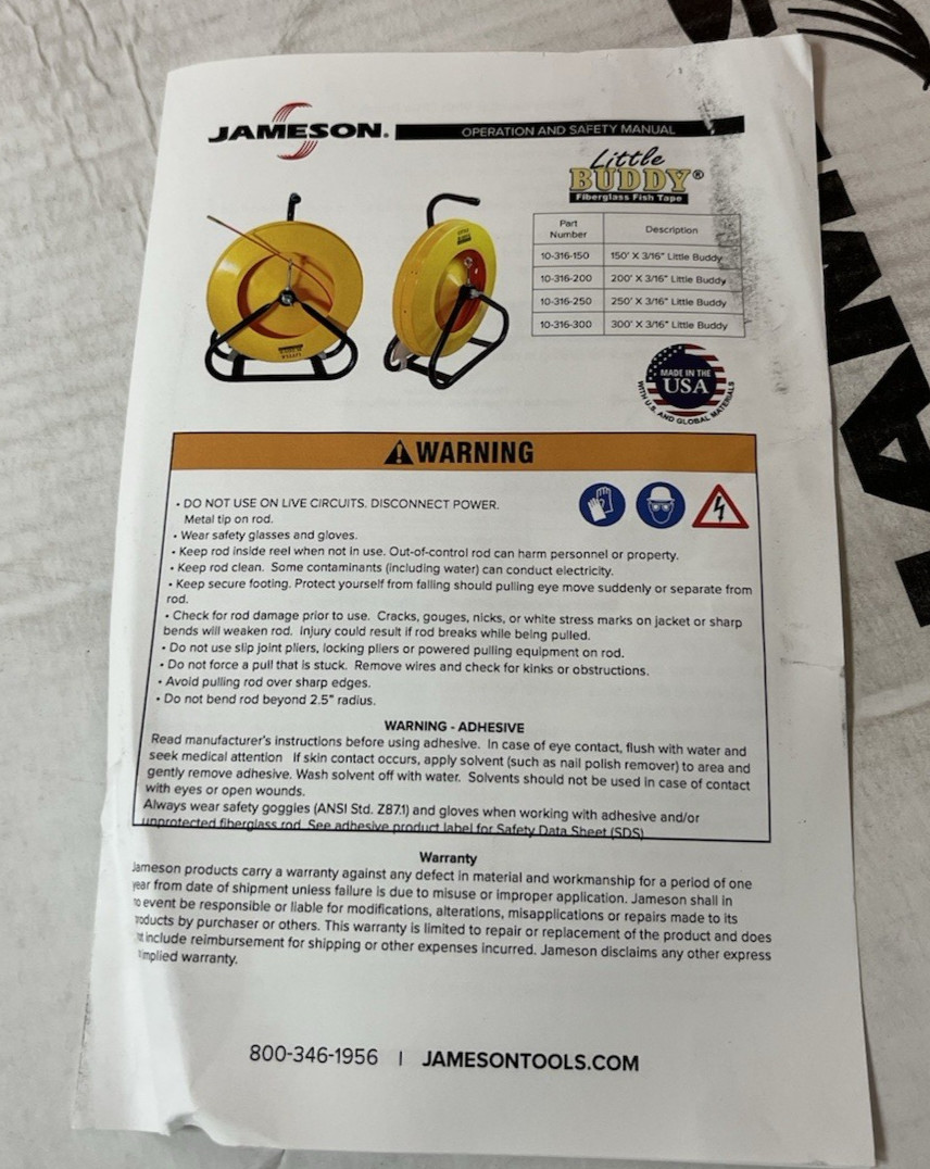 New Genuine OEM Jameson 10-316-200 Little Buddy W/ 200 Ft. 3/16" Fiberglass Rod