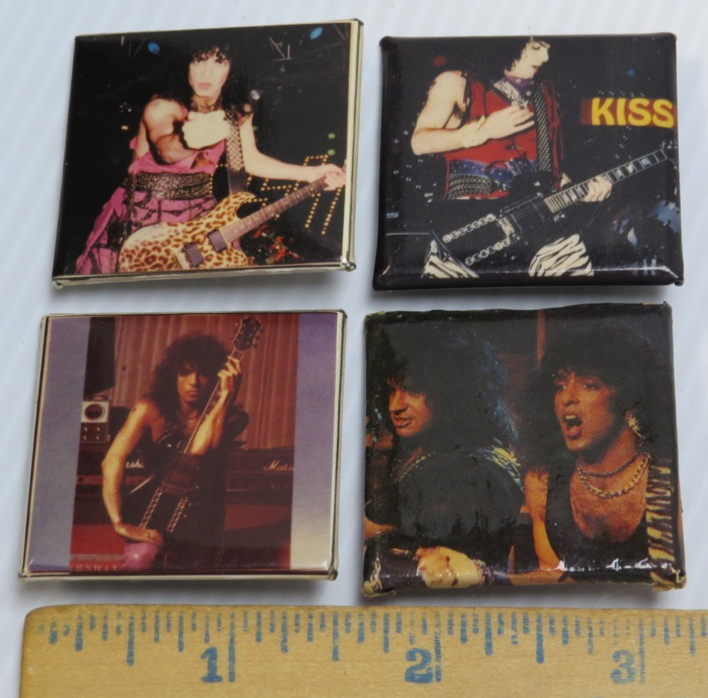 KISS VINTAGE 1980's SQUARE BUTTONS FROM CANADA - LOT OF 4 GROUP SET #24