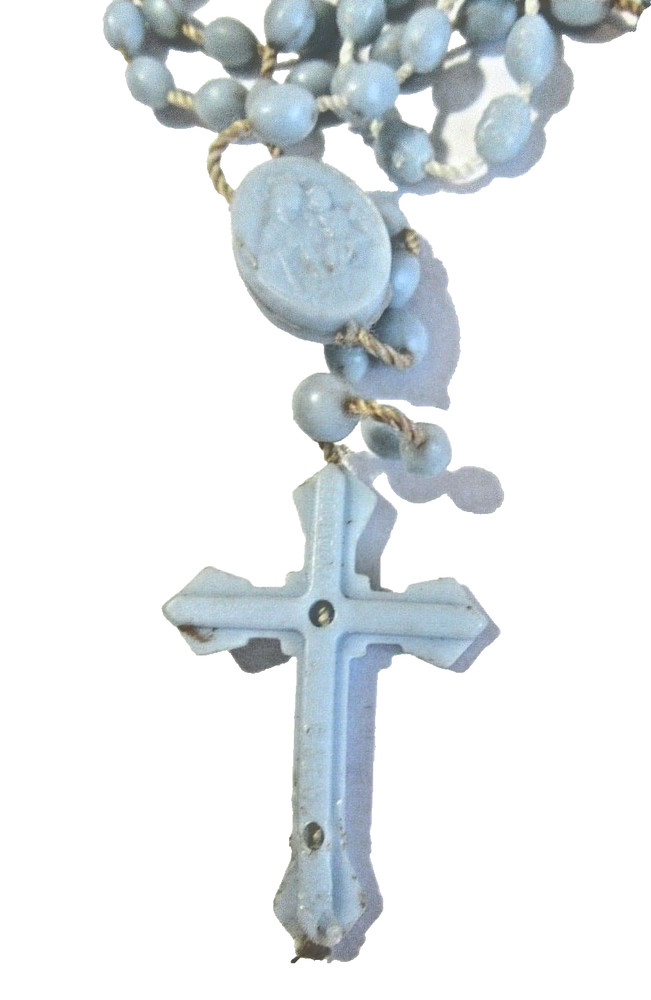 LIGHT BLUE VINTAGE PLASTIC ROSARY SIGNED BREV