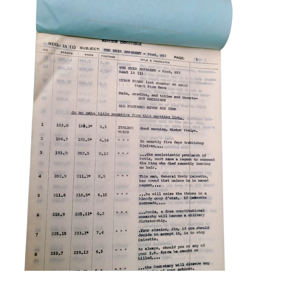 MISSION IMPOSSIBLE 1969 TV Show Dialogue Continuity Script +Spotting Script Vtg
