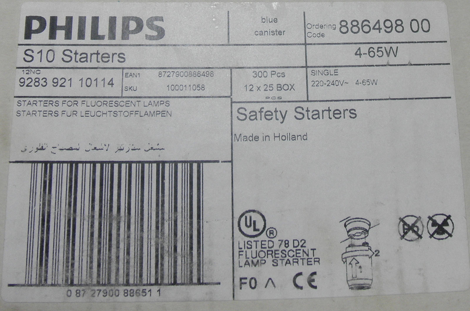 Box of 25 S10 Safety Starter Philips fits Fluorescent Tubes TL Fluorescent La...