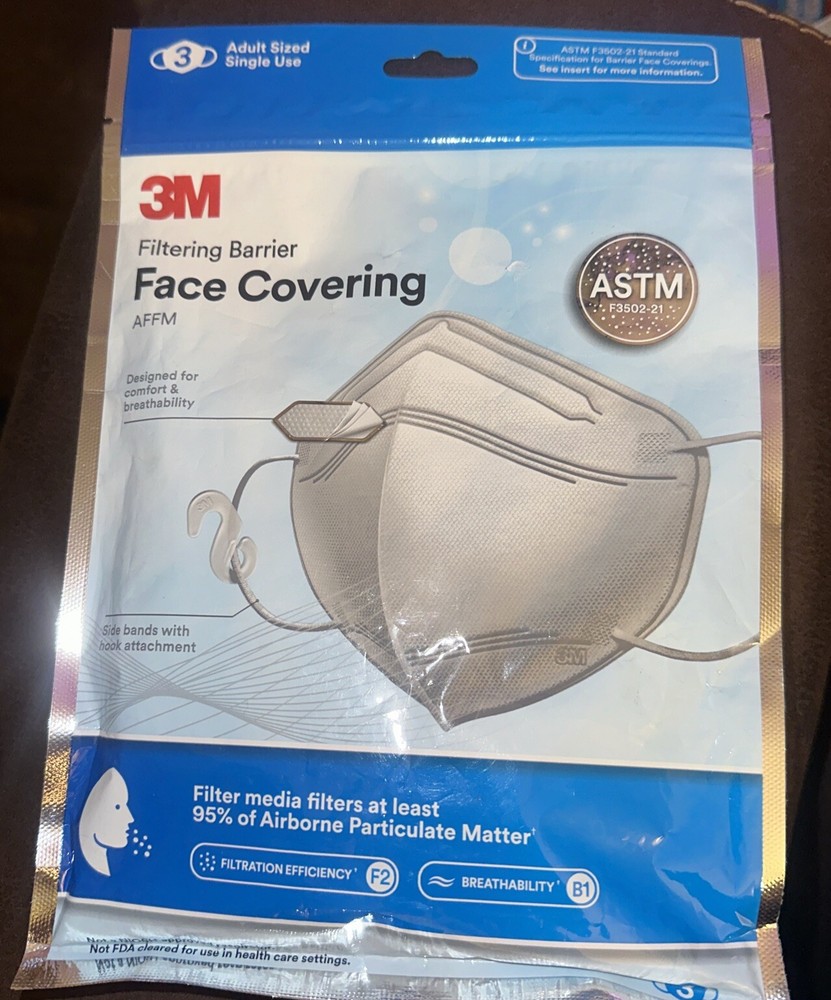 3M Filtering Barrier Face Covering, AFFM-3, One Size, 3/Pack , White