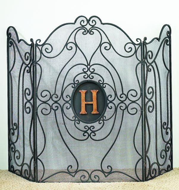 Three Panel Scroll Design Monogrammed Fire Screen-Any letter-A to Z