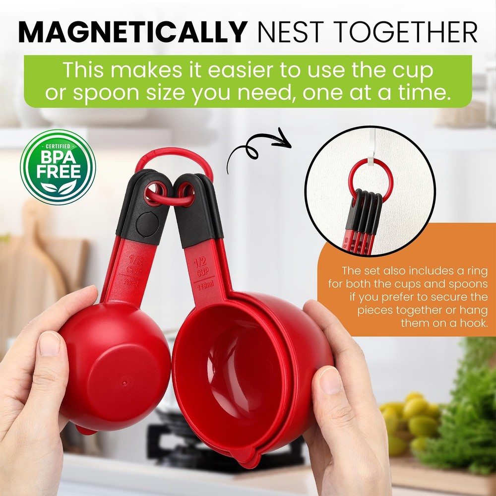Red Magnetic Measuring Cups and Spoons Set of 9, Stackable Plastic Kitchen Ga...