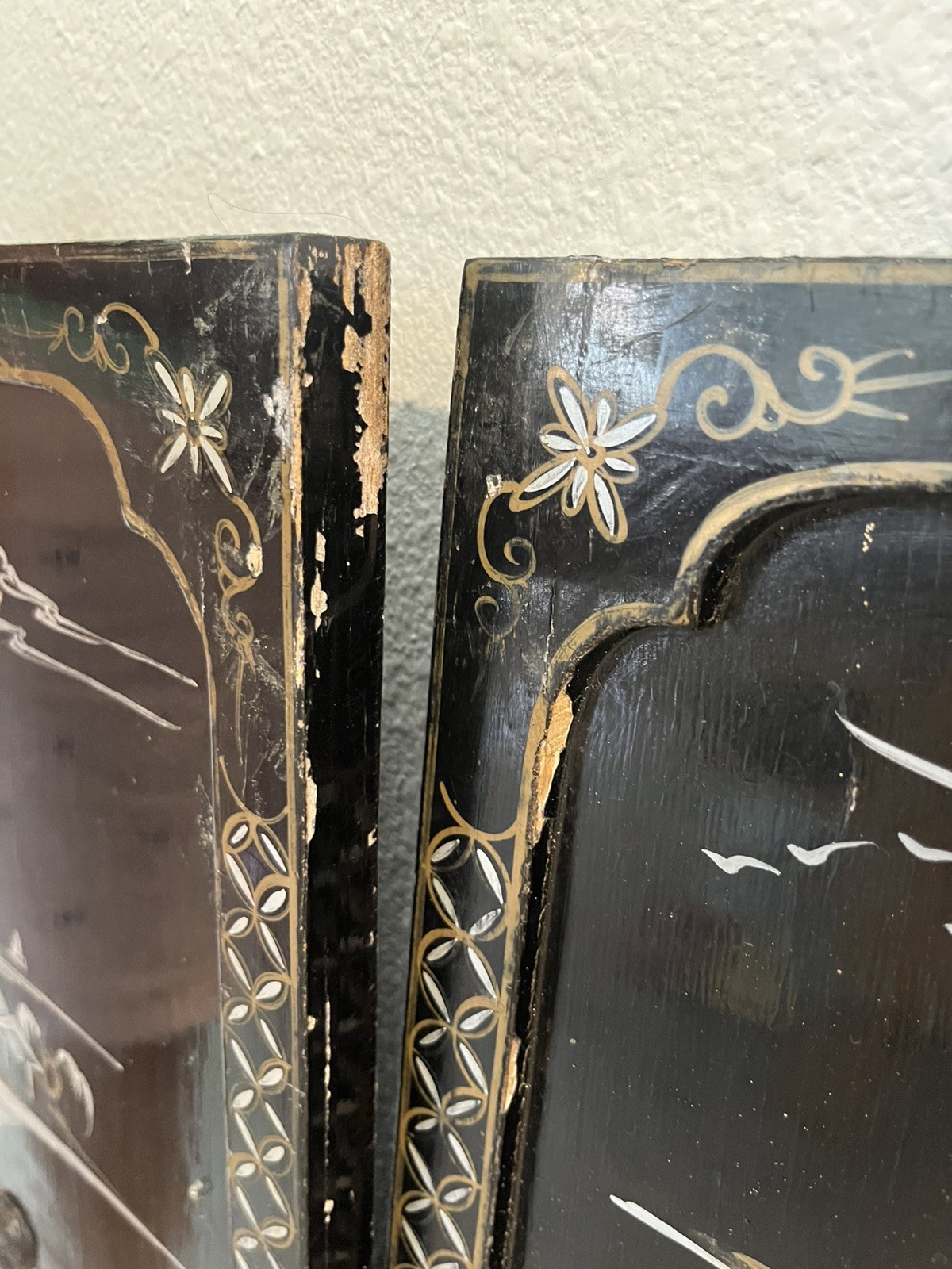 VTG 5 Asian Oriental BLACK Lacquer Mother of Pearl Wall Panels 36H x 11,5W, 30”