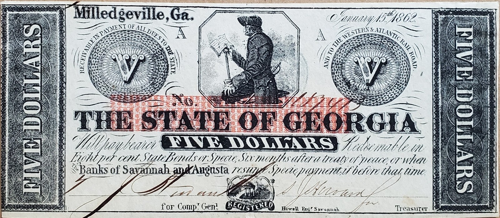 1862 Five Dollars Milledgeville State Of Georgia Banknote
