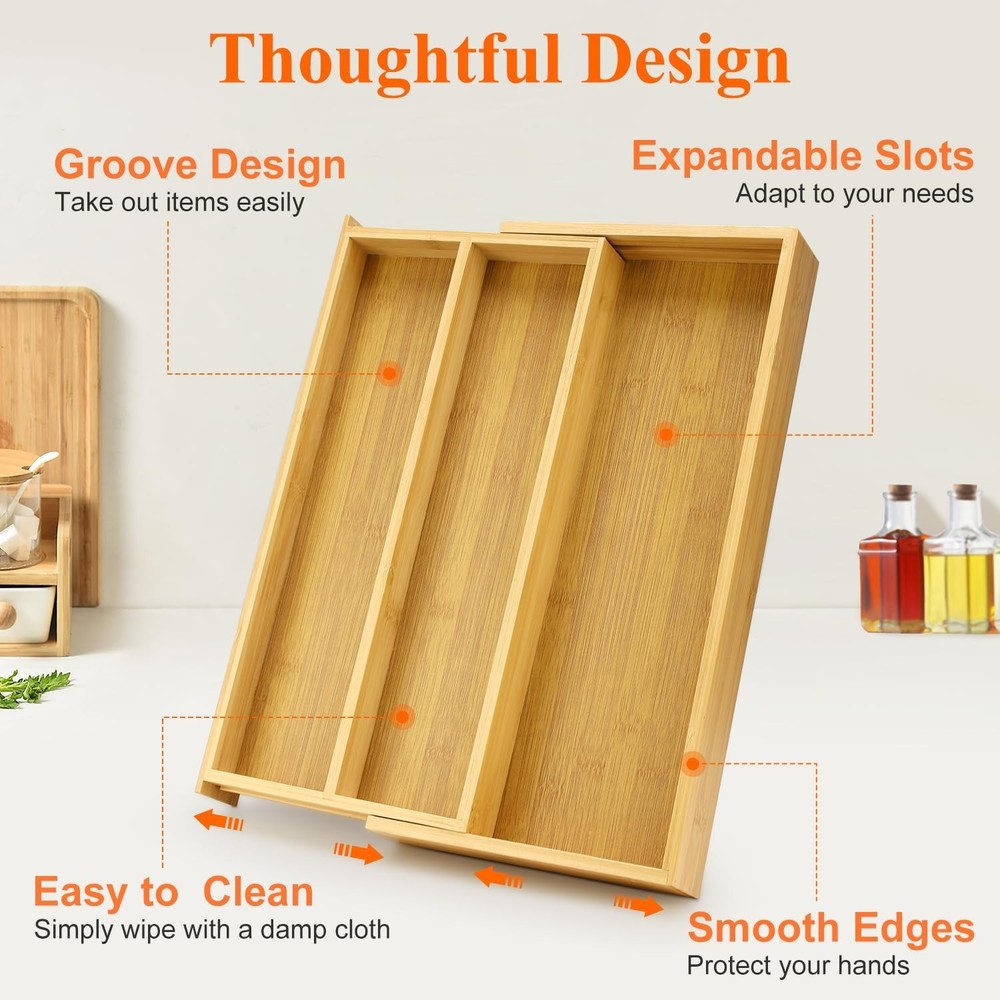 Large Bamboo Silverware Drawer Organizer Tray Kitchen Tool Drawer Divider Org...
