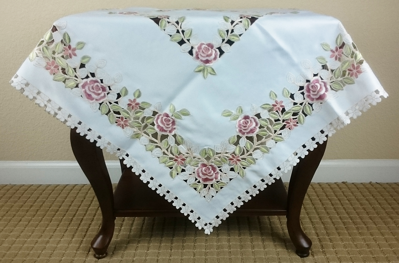 Ivory Cream Embroidered Rose Cutwork 33" Square Polyester Tablecloth Table Cover