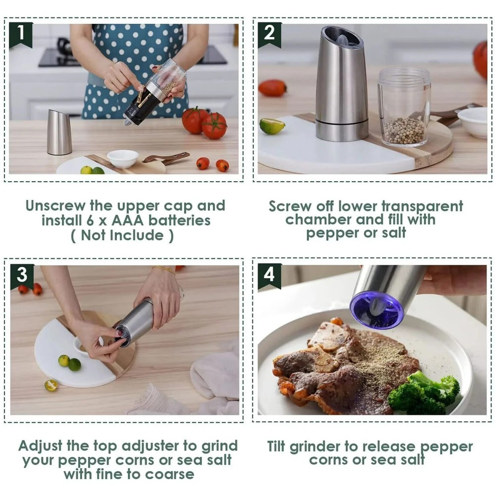 2Pack LED Electric Salt and Pepper Grinder Set w/Base Automatic Power Kitchen US