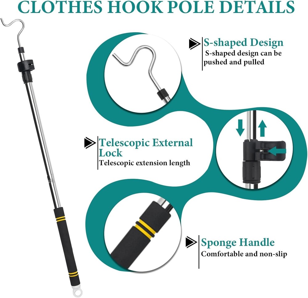 Clothes Hanger Reaching Hook Telescopic Adjustment clothes hook pole Light & can