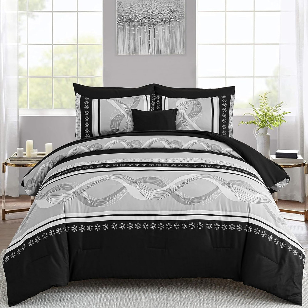 Black Queen Comforter Set 8-Piece Boho Bed in a Bag Soft Microfiber Bedding