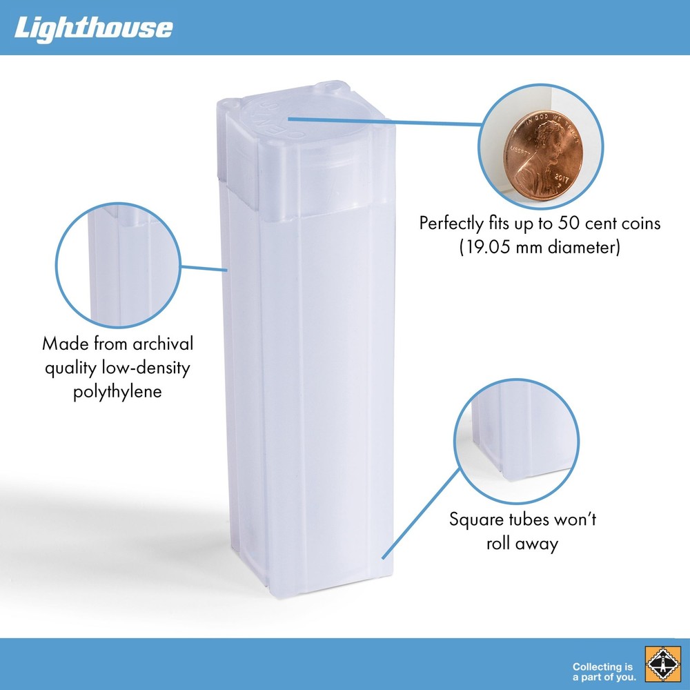 Lighthouse - Square Coin Tubes - Convenient Push Top, 10 pack, White