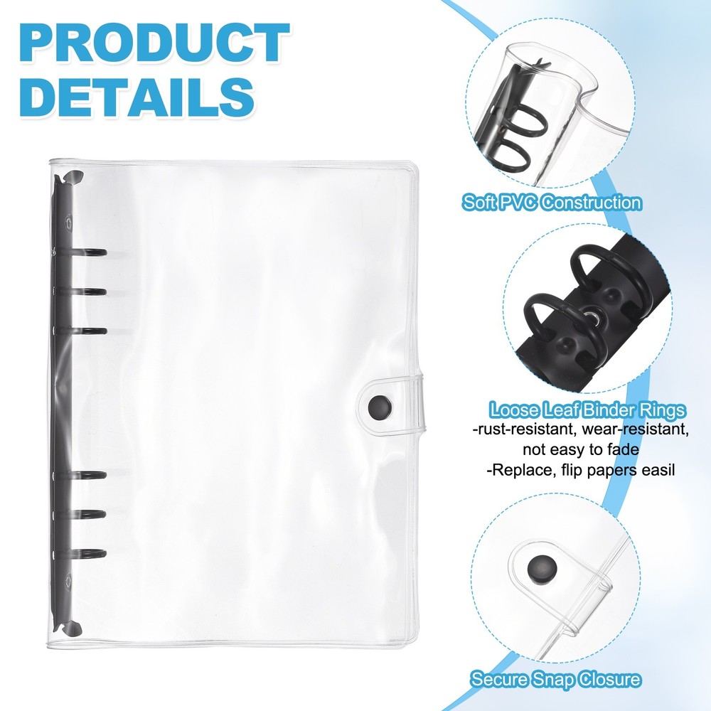 A5 2Pcs Transparent 6-Ring Binder Cover with Snap Button Closure, Black