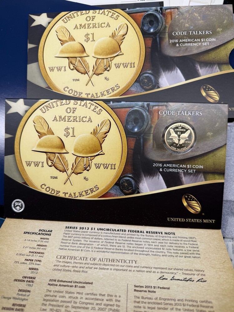 ✯ 2016 S Sacagawea $1 Coin & Currency Set Native American Code Talker