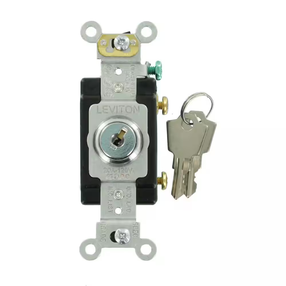 20 Amp Single-Pole Key Lock Switch, Quiet Toggle, Black, Industrial Grade and He