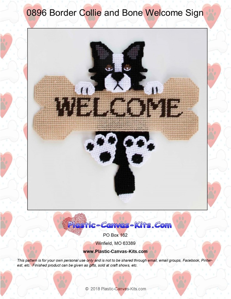 Border Collie Dog and Bone Welcome Sign- Plastic Canvas Pattern or Kit