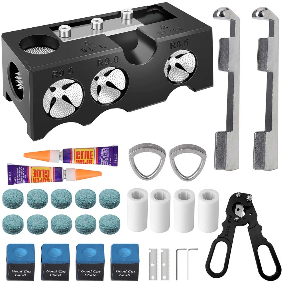 11in1 Pool Cue Tip Shaper 25 PCS Replacement Kit Ferrules Chalk Clamps Pro