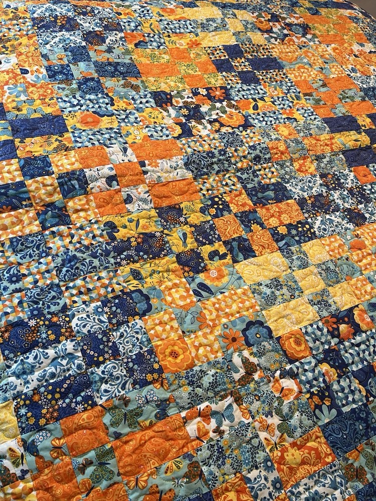 Handmade Quilt Patchwork Cotton Twin Blue & Orange Vibrant Bedspread