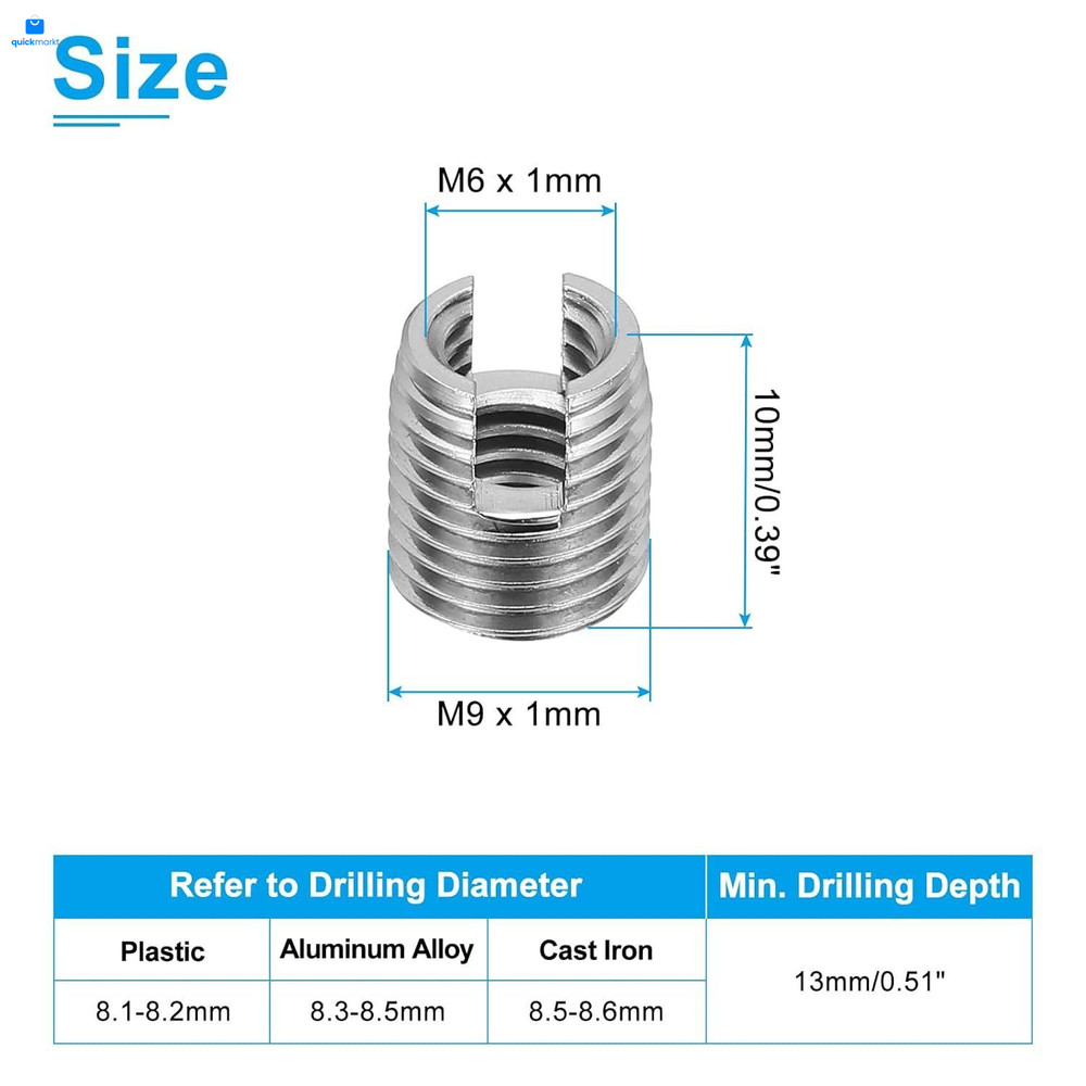 Self-Tapping Threaded Inserts, 20 Pcs M6 x M9 x 10mm, Silver Tone