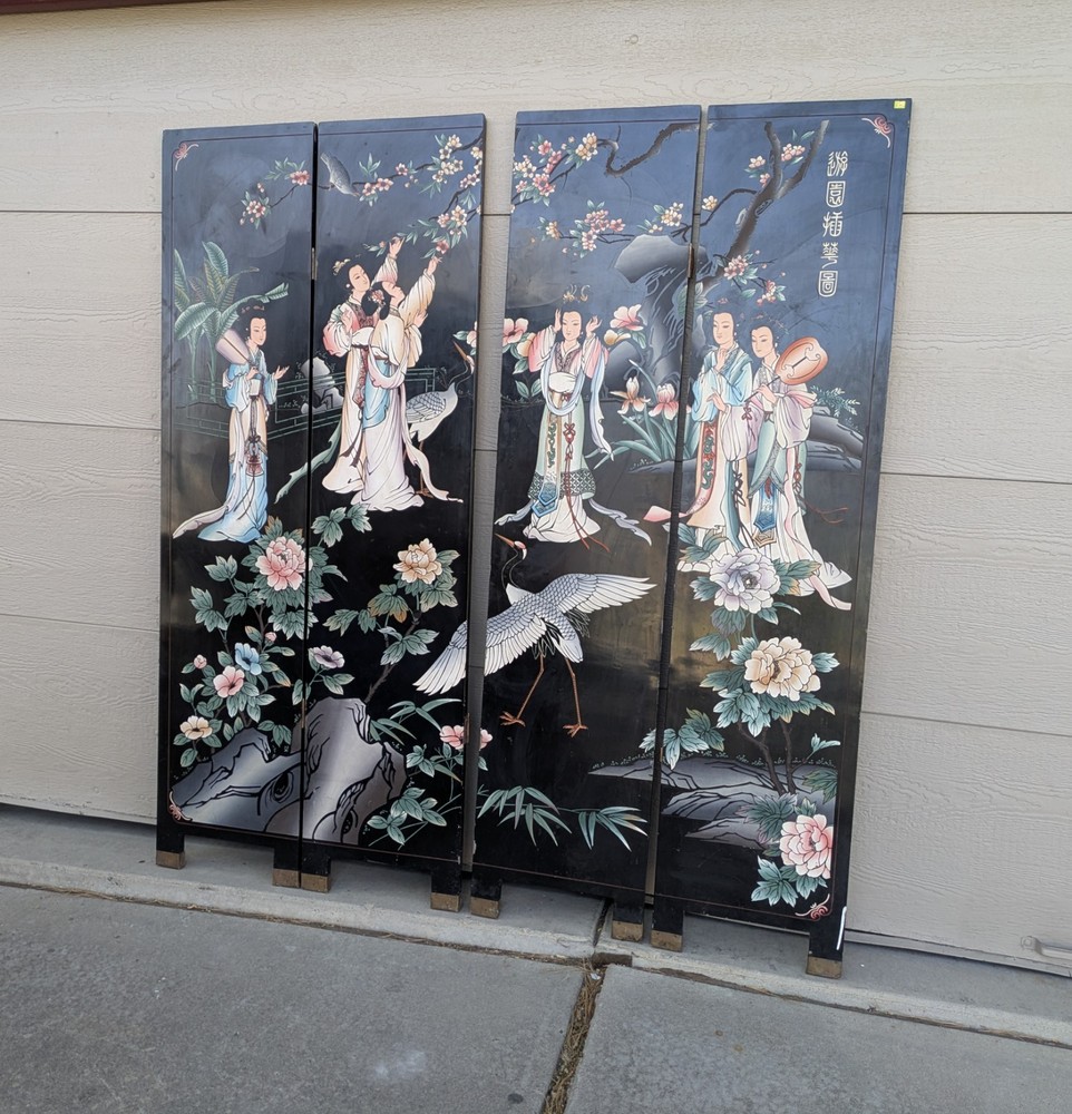 Vintage Asian Chinese Black Lacquer Folding Screen Room Divider 4 Panel Geisha
