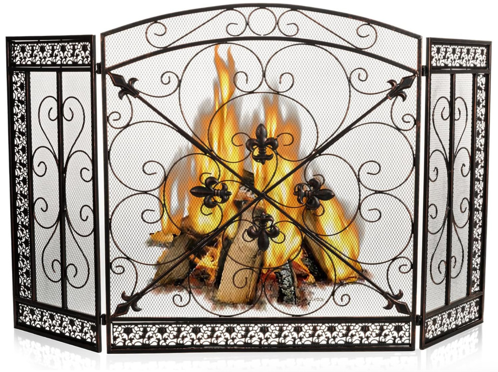 3 Panel Iron Fireplace Mesh Screen Traditional Scroll Wrought Iron Black Metal