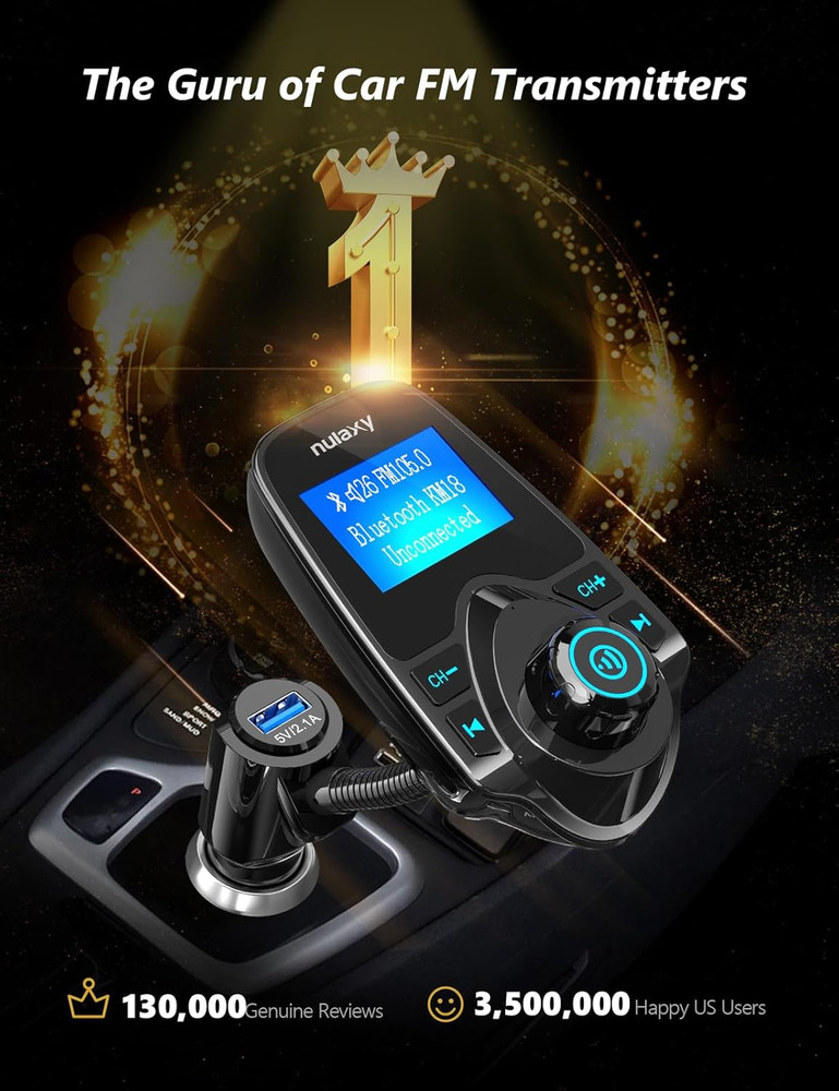 Car Bluetooth FM Transmitter [2024 Upgraded], 1.44" Display Flexible Gooseneck,