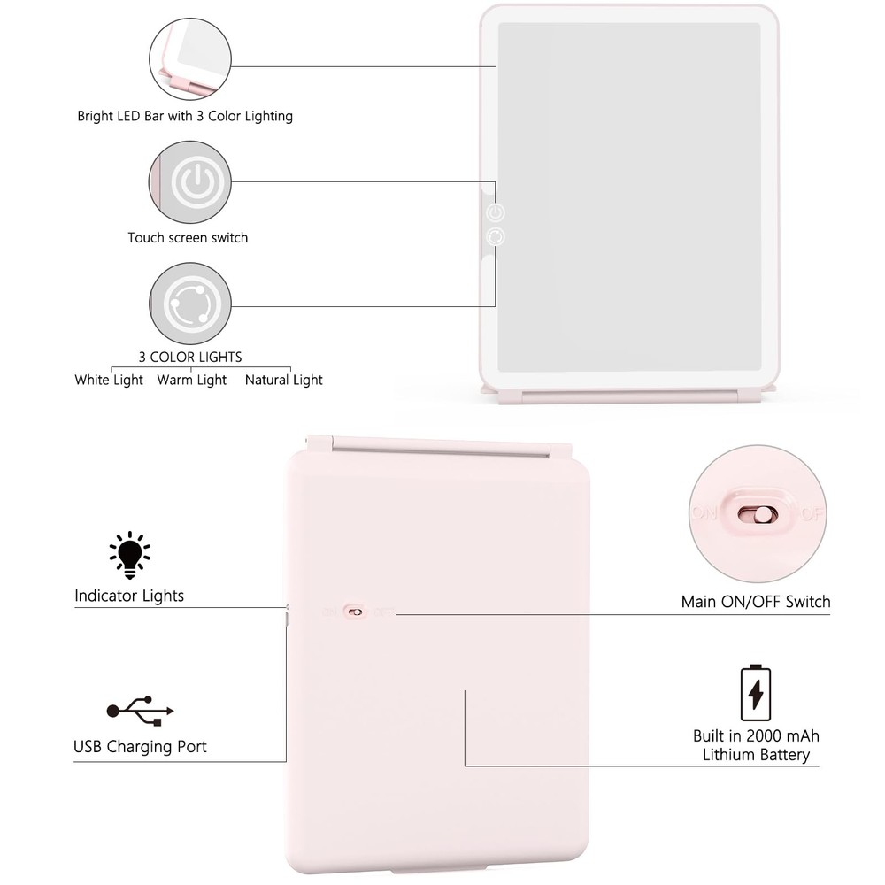 Makeup Mirror with Lights, 2000 mAh USB Rechargeable Lighted Makeup Mirror, T...