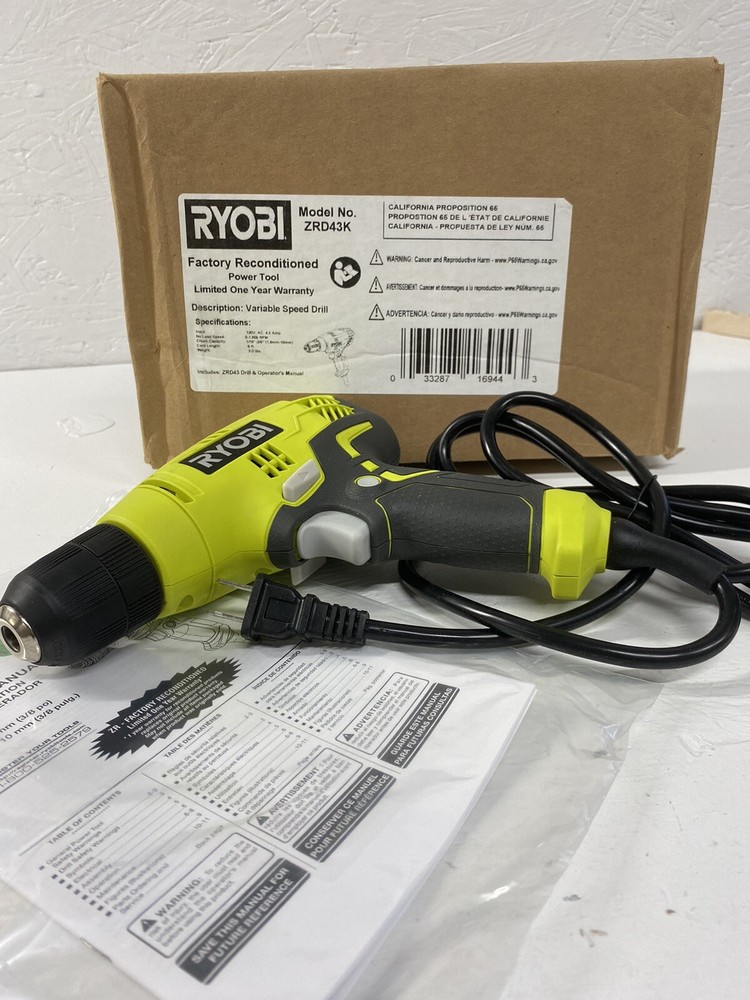 Ryobi 3/8 Inch Corded Drill  4.5 Amp Variable Speed Trigger D43K  Keyless Chuck