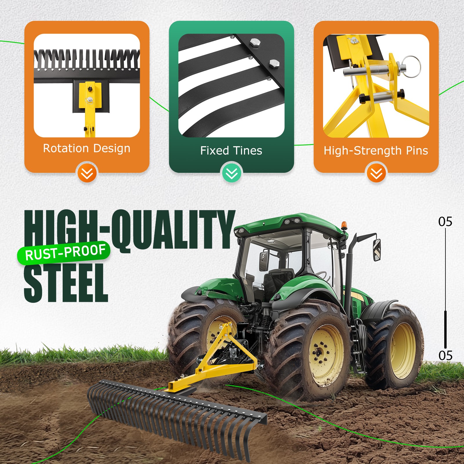 3-Point 60" 5 FT Landscape Rake For Cat 1 Tractors Attachment Soil Gravel Lawn