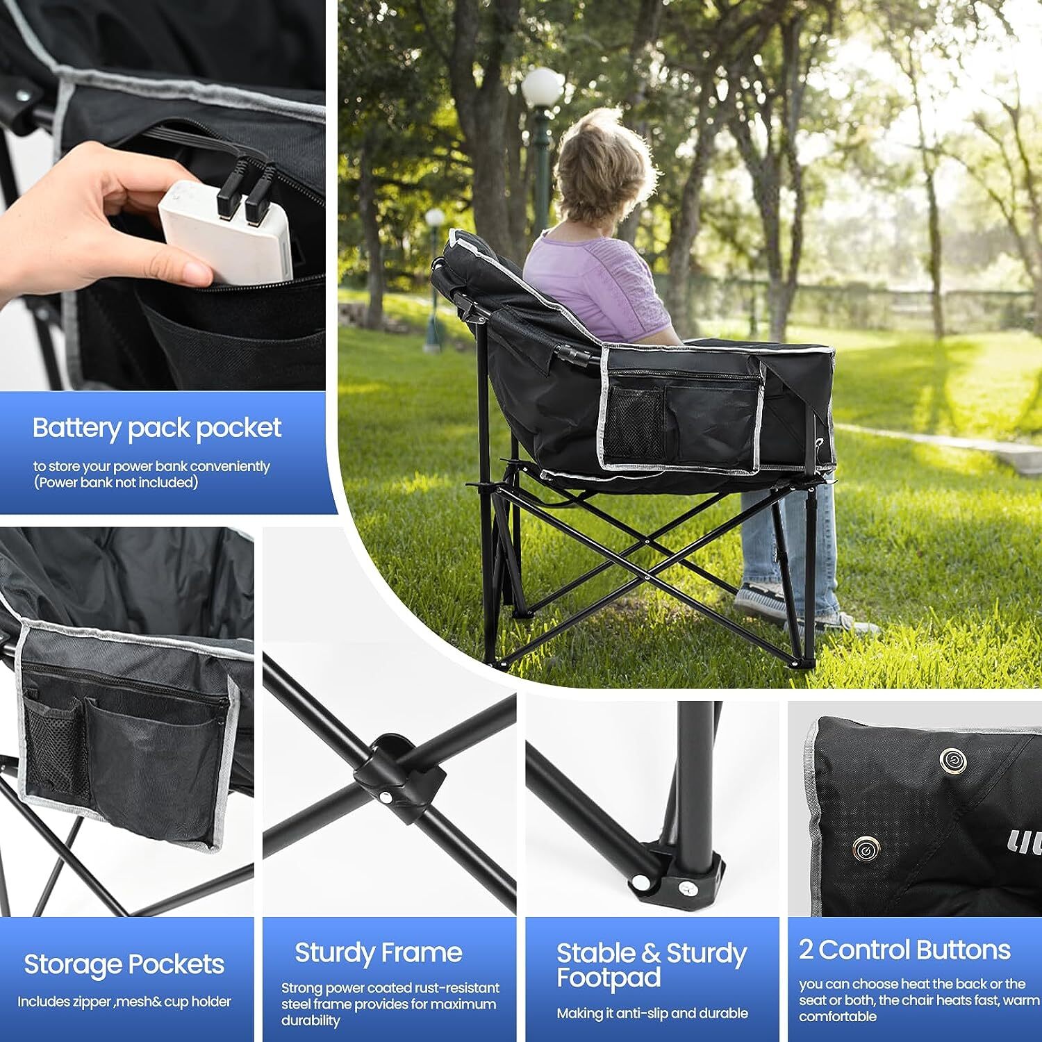 SLSY Oversized Heated Camping Chair Patio Lounge Chairs with 20000mAh Power Bank