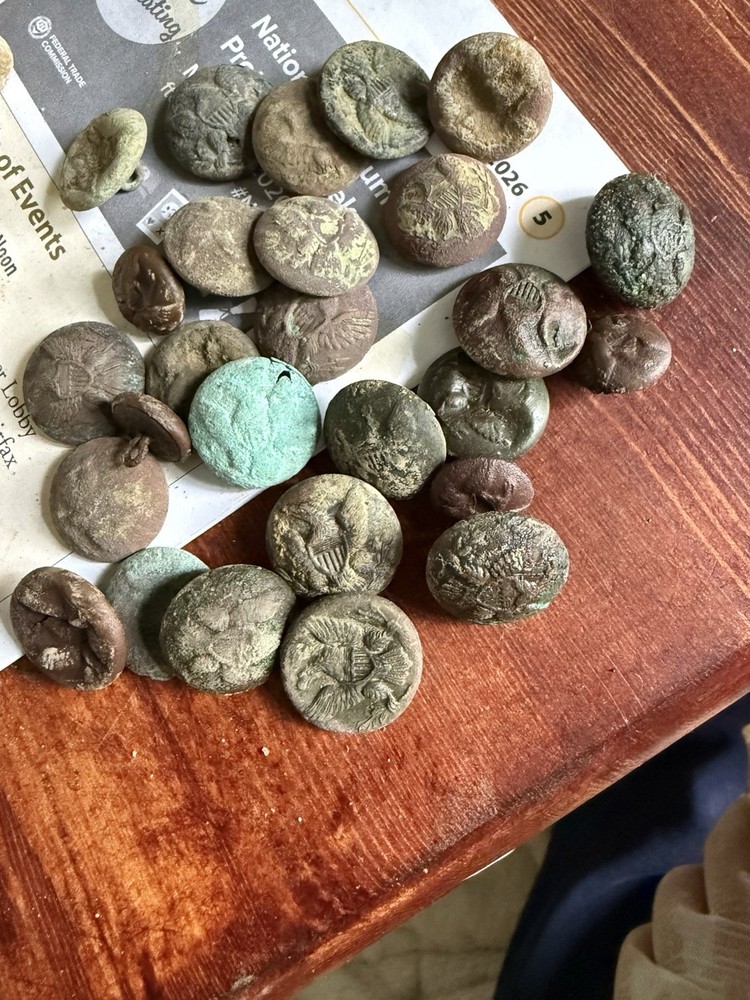 Lot Flat Buttons Eagle Buttons Bullets Marbles Bottle Brass Etc