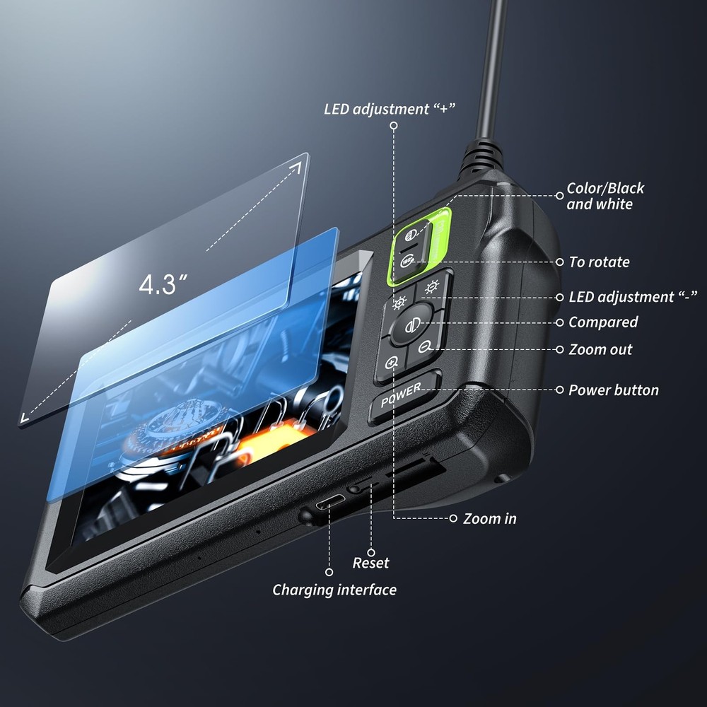 Endoscope Camera with Light, Inspection Borescope Camera with 4.3 IPS Screen, 19