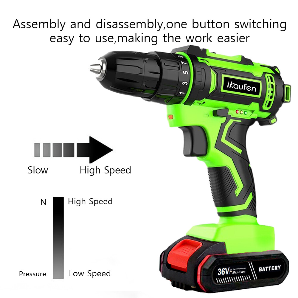 36Volt Drill 2 Speed Electric Cordless Drill / Driver with Bits Set 2 Battery A9