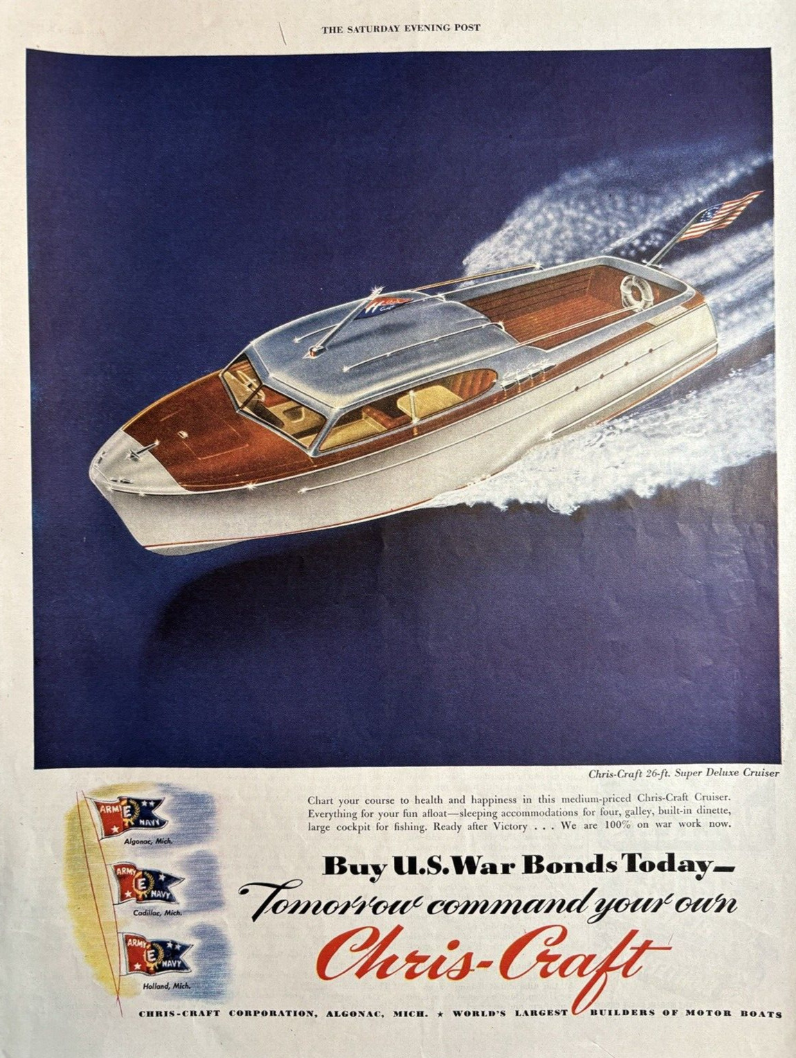 1944 Chris Craft 26 Foot Super Deluxe Cruiser Boat WWII Algonac VTG Print Ad