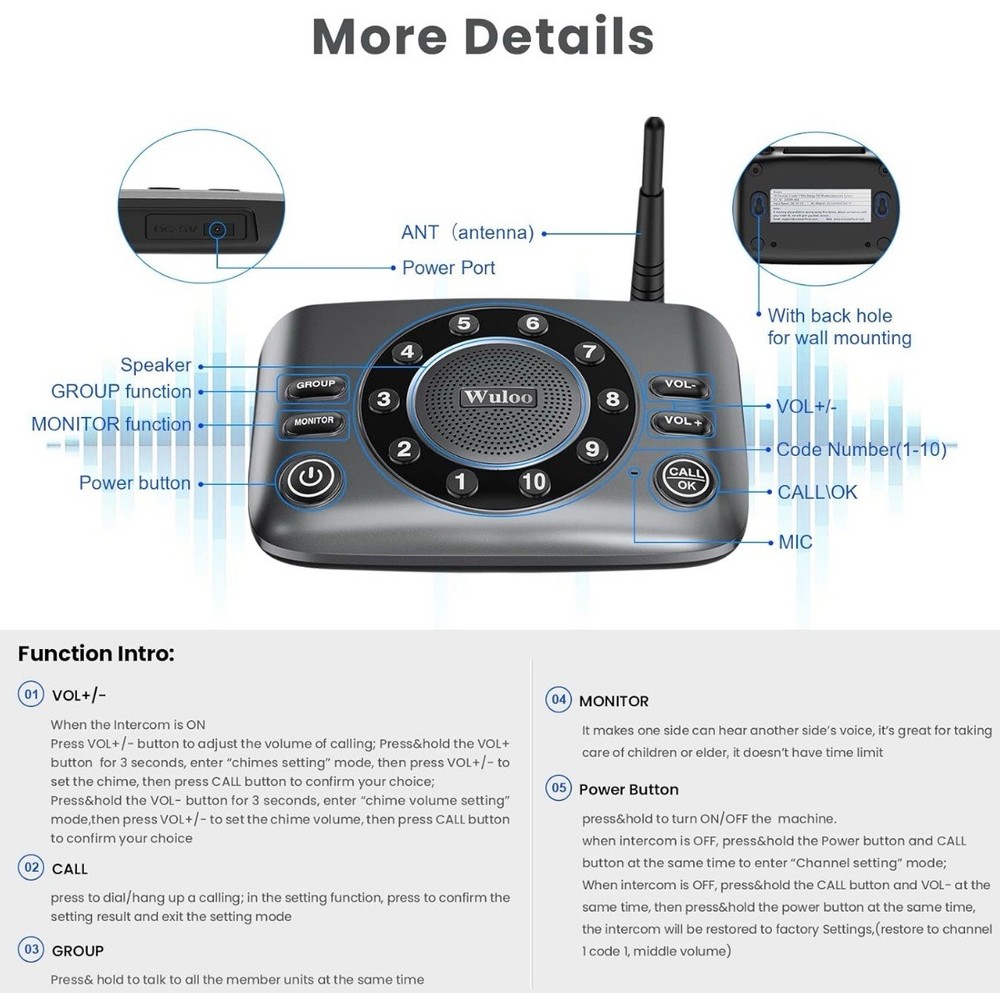 Wuloo S600-P2 Black Gray Wireless Full Duplex Intercom System 2 Pack