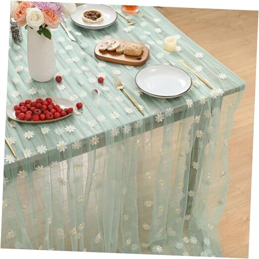 Embroidery Daisy Spring Summer Gauze Tablecloth 60"×84" (Rectangular) Green