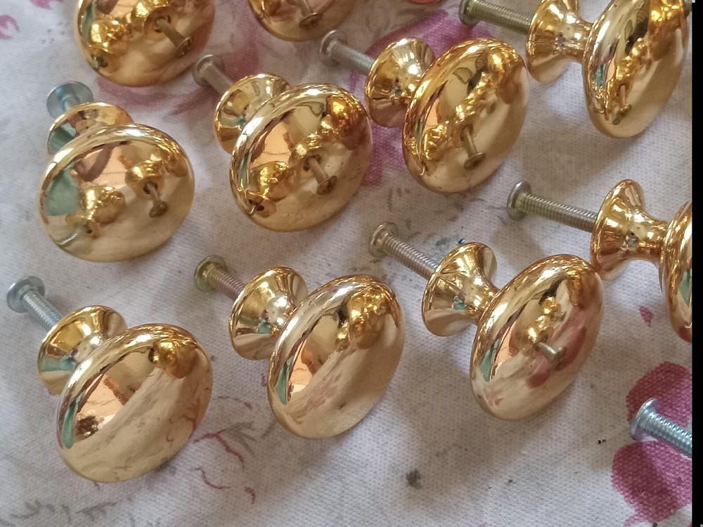 Knobs 29 Gold Tone Metal , 1" Round ~ with some screws Kitchen ~