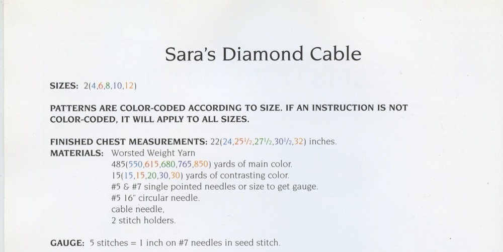 Sara's Diamond Cable Pullover Design by Louise Knitting Pattern #29 Child 2-12