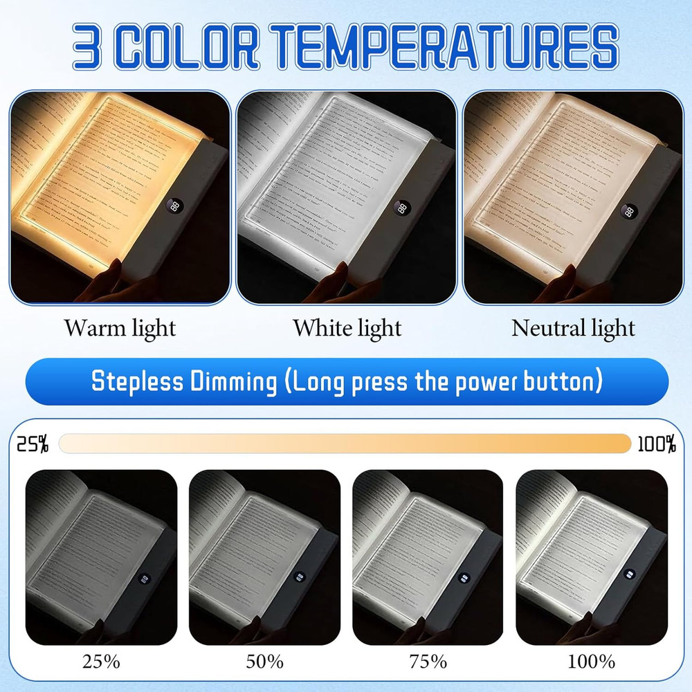 Book Light, Rechargeable Clear LED Flat Reading Light with 3 Colors & Timer, Dim