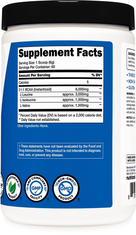 Nutricost BCAA Powder 60 Servings (Unflavored) - 6000mg Per Serving