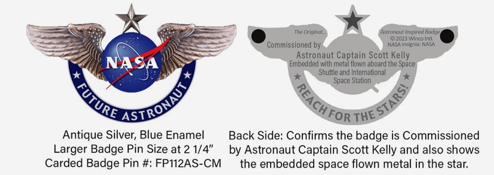 FUTURE ASTRONAUT WINGS -FLOWN METAL-NASA-SCOTT KELLEY SHUTTLE ISS Silver PIN