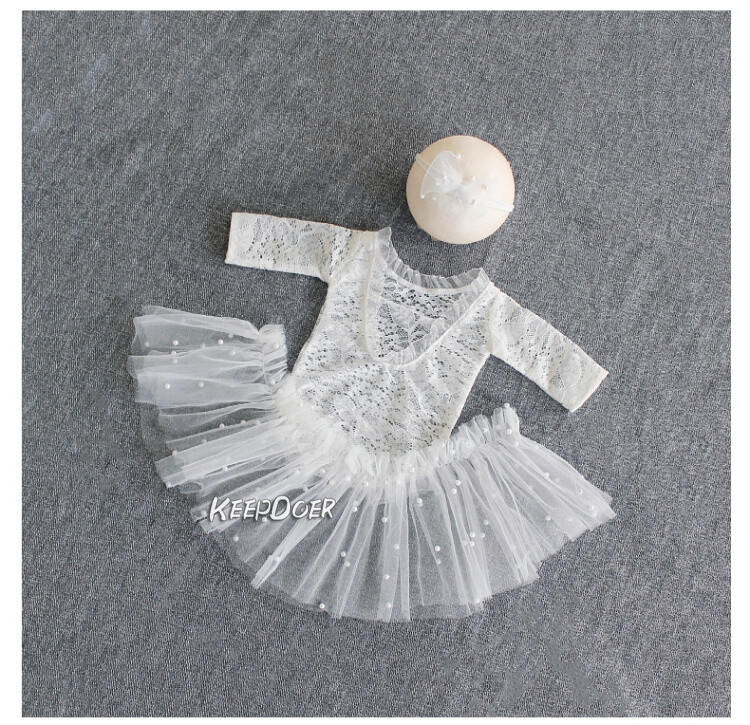 Newborn Baby Girl Lace Pearl Dress Skirt Headband Photography Props Photo Shoot